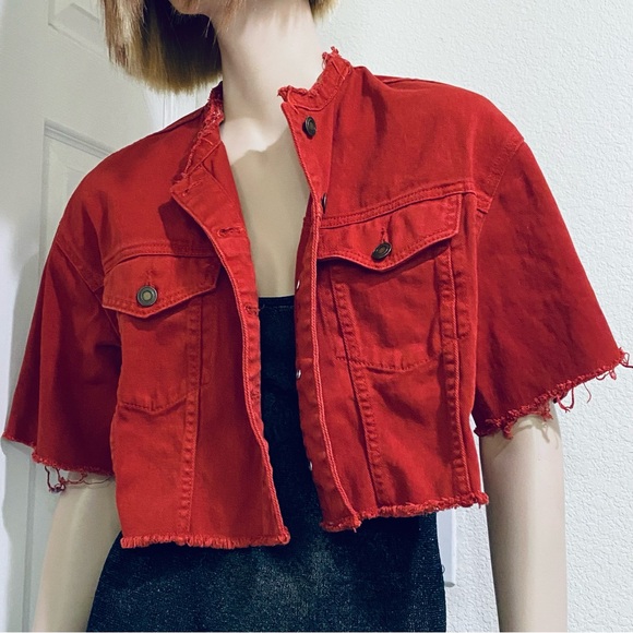 FOREVER 21 Rusty Red Customized Cropped Denim Jacket Size M - Picture 1 of 12